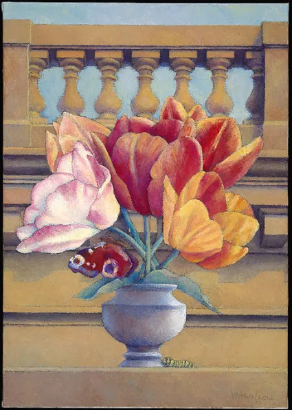Composition: tulips and a butterfly